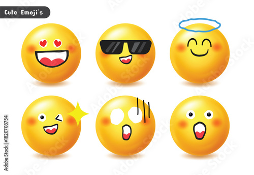 Set of six cute 3D emojis showing love, coolness, surprise, and angelic expressions.