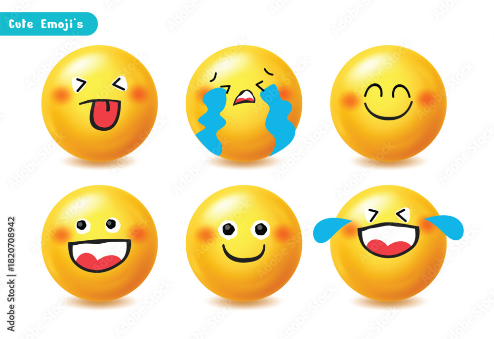 Fototapeta premium A vector set of six expressive 3D yellow emojis showcasing common emotions: laughing, crying, happy, silly face with tongue out, and smiling, ideal for communication, and social media.