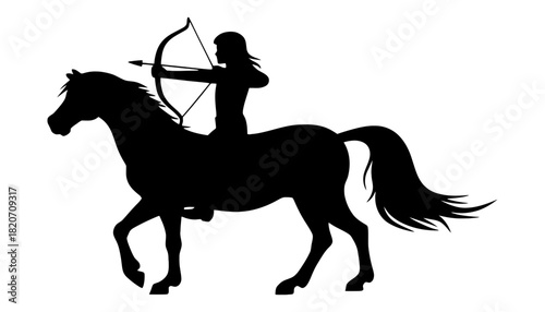 A black silhouette of a woman riding a horse with a bow and arrow