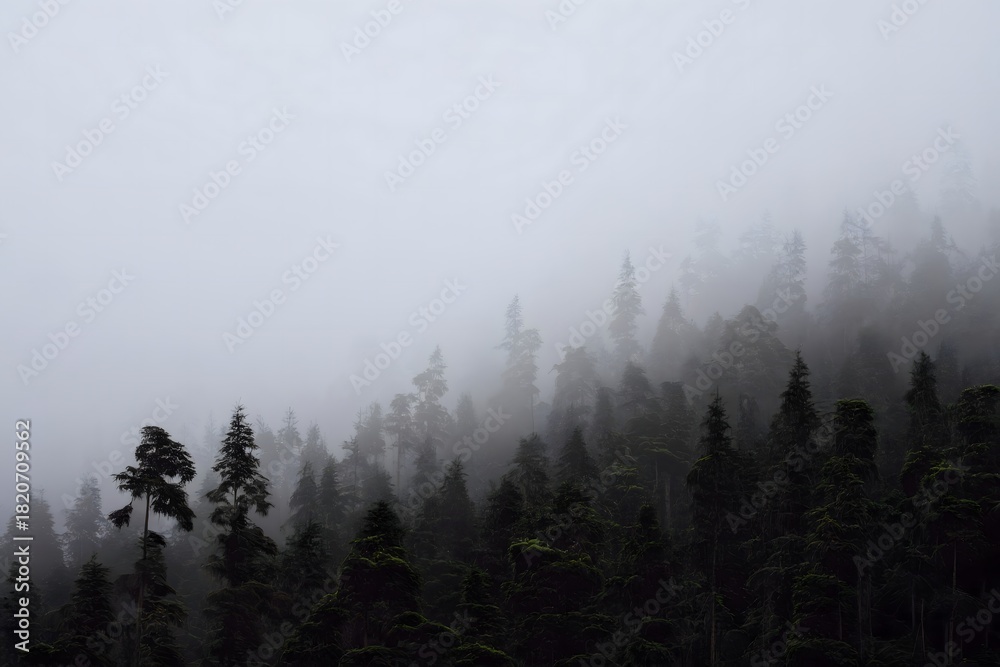 Obraz premium Misty Evergreen Forest Landscape - Atmospheric Fog and Trees