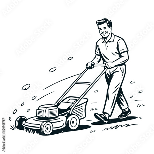Retro Lawn Mowing Man in Black and White Style