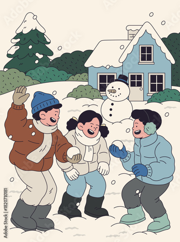 Children Having a Snowball Fight on a Snowy Day