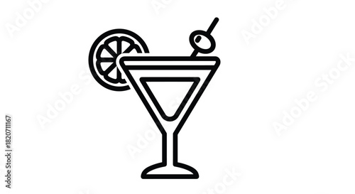 Elegant martini glass with olive and lemon slice perfect for bar promotions and sophisticated event invitations conveying luxury and celebratory vibes, Generative AI.