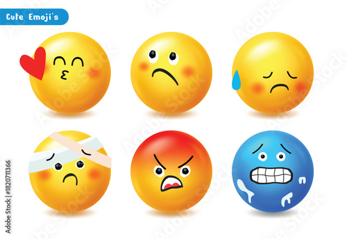 Set of six dramatic 3D emojis showing love, sadness, anger, injury, and freezing/fearful expressions.