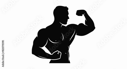 Bold silhouette of a muscular man flexing biceps showing strength and fitness perfect for gym promotions or health campaigns that inspire a powerful lifestyle, Generative AI.
