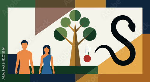  Symbolic Flat Illustration
Apple falling from a stylized Tree of Knowledge, serpent forming a smooth curved silhouette, Adam and Eve in simplified flat forms, strong color blocks, modern symbolic vec