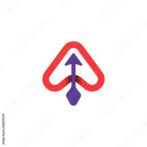 Modern logo design with a purple upward arrow inside a red triangular ribbon, symbolizing growth, direction, and success