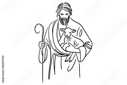 Jesus the Good Shepherd Holding a Lamb — Minimalist One-Line Christian Illustration, Faith and Protection Artwork