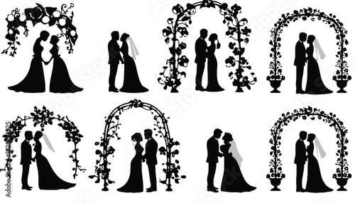 A collection of romantic wedding silhouettes with floral arches and couples
