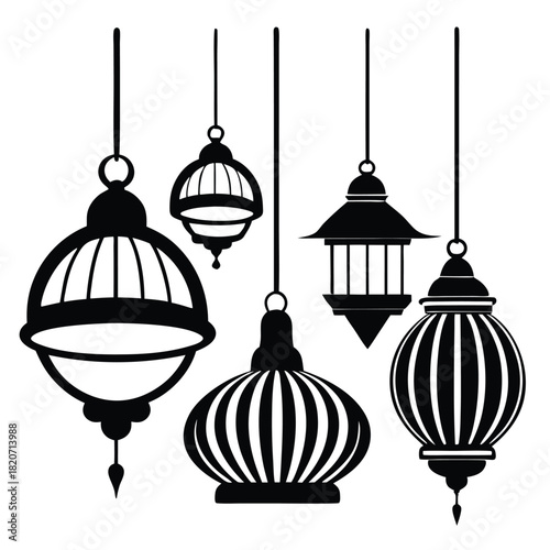 Black silhouettes of hanging Ramadan lamps give a festive and decorative atmosphere to the viewer