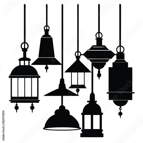 Seven varied pendant lamps are suspended, showcasing unique shapes and styles in black silhouette