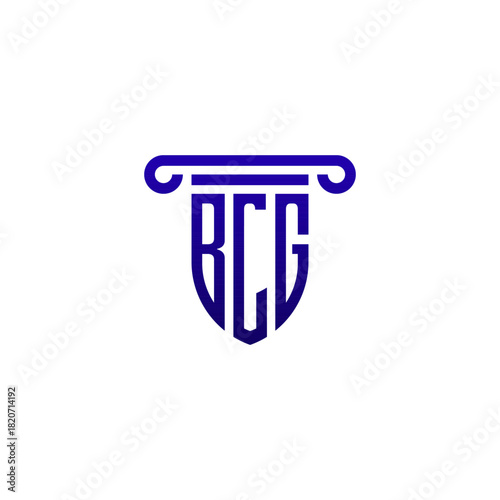 Elegant blue monogram combining the letters R, C, and G into a shield emblem topped with a classical column, symbolizing justice and strength