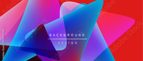 Abstract geometric shapes overlap, creating vibrant color gradients. Red background emphasizes blue, pink hues. Modern design element.