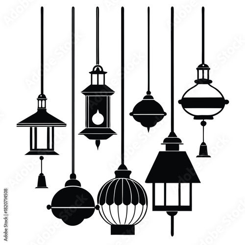 Seven unique lamp silhouettes of different shapes hang gracefully against a bright white background