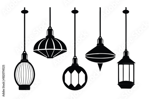 A variety of ornate vintage pendant lights are showcased in black silhouettes over white