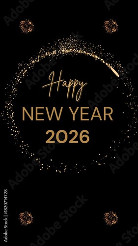 Happy New Year 2026 vertical video, black and gold card with animated gold fireworks and motion graphics with glitter