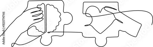 Continuous one line drawing of Wellness, body and brain harmony, meditation or healthcare concept. Female or male character hands hold heart and human brain puzzle. Mental and physical health, connect