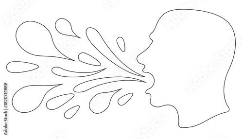 A minimalist line drawing of a person coughing or speaking with water droplets