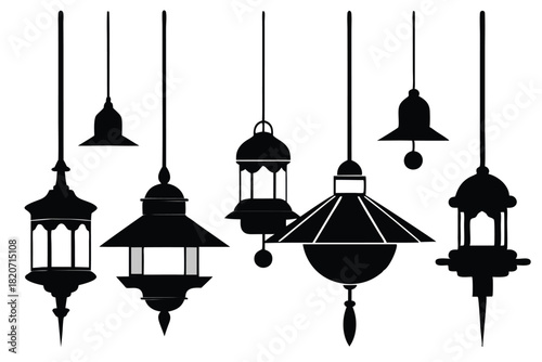 Hanging black lantern silhouettes showcase varied styles, adding gothic charm with a white background