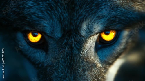 A wolf stares directly at the camera, showcasing its piercing yellow eyes under the night sky in the wilderness