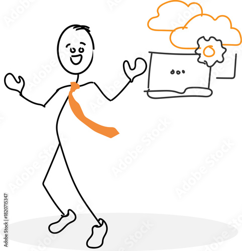 Cloud Computing and Laptop Configuration (vector draw with stick figure)