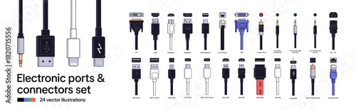 Set of electronic ports and connectors. Different cables for devices: micro and mini USB, DVI, HDMI, type C and lightning. Plugs and sockets. Flat isolated vector illustrations on a white background