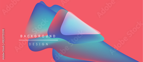 Abstract fluid shapes overlap, creating vibrant color gradients. Background features text Background Design. Coral pink dominates canvas.