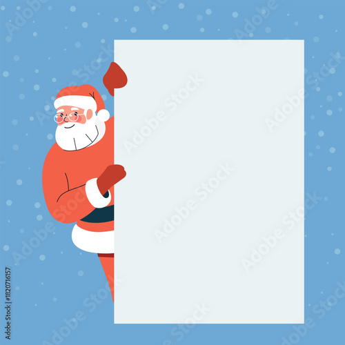 Santa Claus peeking from behind wall . Vector flat illustration