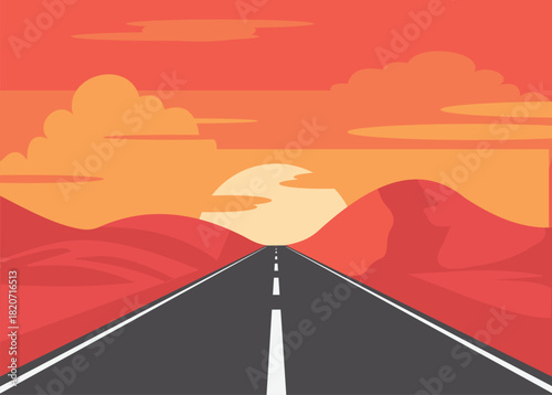 Road to the mountains at dusk, evening, night. Stock Illustration