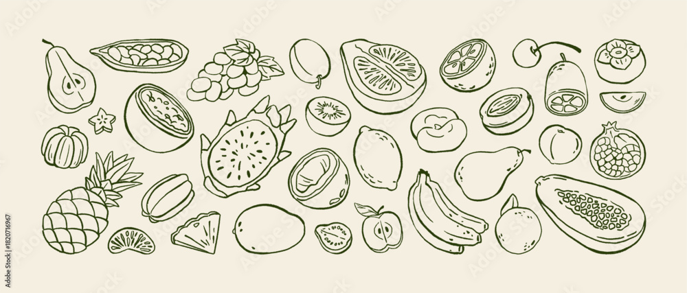 Fototapeta premium Doodle exotic fruit. Different tropical food: fresh oranges, lemons, apples and bananas. Organic pineapple, natural berries and grape. Hand drawn isolated vector illustrations on white background