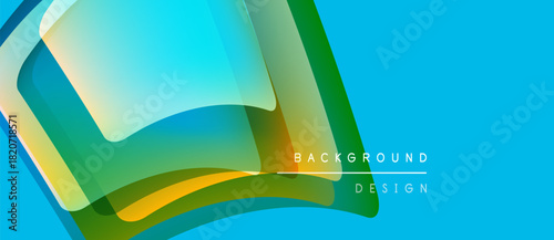 Abstract graphic design features flowing shapes, vibrant colors. Blue backdrop complements layered green, yellow elements. Text reads background design.