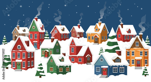 Winter village scene with colorful houses snow covered rooftops smoke billowing from chimneys