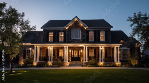 A spacious Colonial home with dark brick and a welcoming front porch The roofline is sharp and the