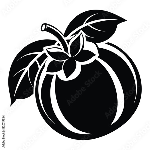 A simple black monochrome tomato with leaves looks isolated and elegant on white