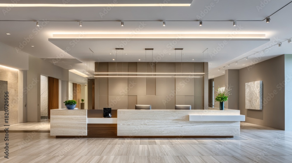 Fototapeta premium Modern reception desk lobby area with contemporary lighting and neutral earth tones