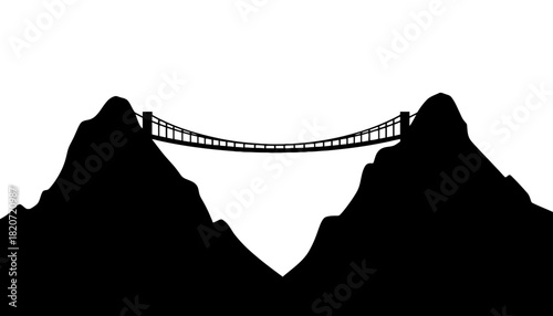 A suspension bridge connects two mountain peaks in a dramatic landscape