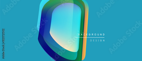 Abstract geometric shape dominates blue background. Layers create depth, vibrant colors blend seamlessly. Modern design element.