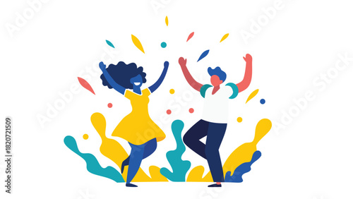 Conceptual illustration of uninhibited joy featuring two figures expressing pure happiness and freedom in a vibrant colorful design