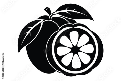 Single guava fruit shows a cut slice with leaves in a minimalist monochrome style