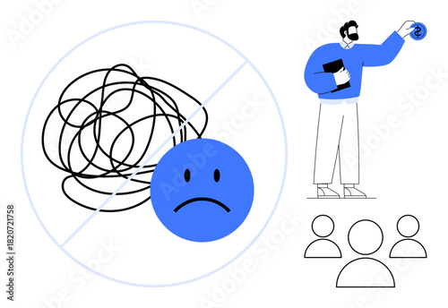Sad face and tangle symbolizing stress, man offering clarity with teamwork icons. Ideal for mental health, problem-solving, stress relief, collaboration, guidance, team-building leadership. Simple