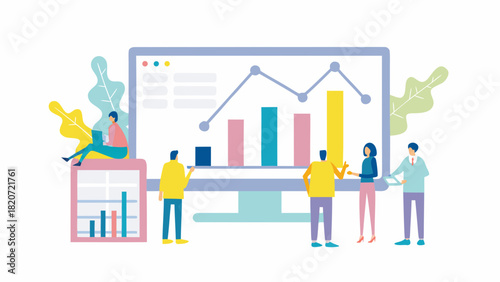 Diverse team collaborates around a large computer screen displaying colorful bar and line graphs symbolizing data analysis and business strategy
