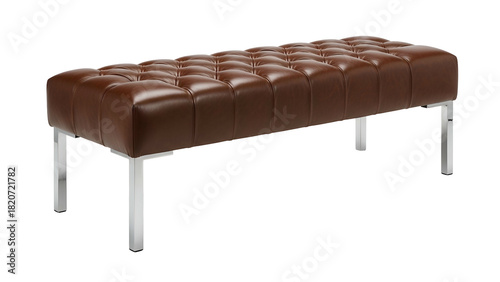 Brown leather tufted bench with chrome legs, isolated on black background