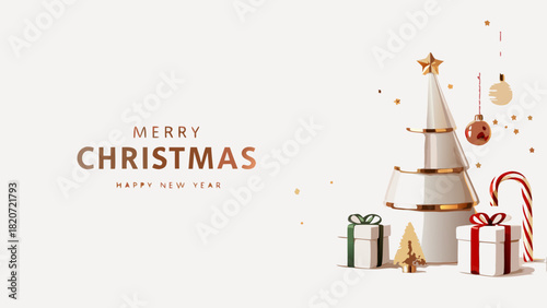 Elegant merry christmas and happy new year greeting with festive decorations including a stylized tree gifts and ornaments on a soft background
