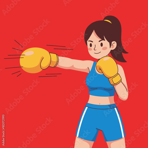 A cartoon woman in blue sportswear and yellow boxing gloves throwing a punch on a red background.