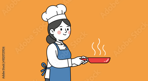 A cartoon illustration of a female chef holding a steaming red frying pan against an orange background.