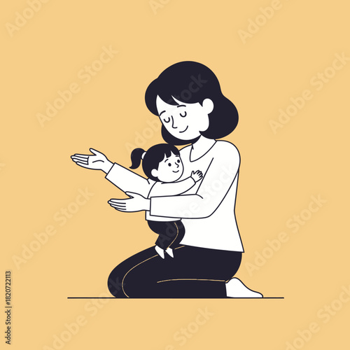A mother kneeling and gently holding her happy baby in a warm embrace.