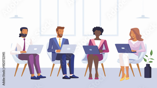 Diverse group of professionals collaborating and working on laptops in a modern office setting showcasing teamwork and technology