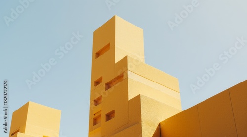 Warm yellow modernist tower with recessed windows rising into a clear pastel blue sky, minimalist geometric architecture in sunlight