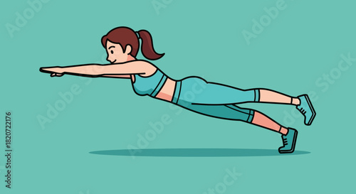 A cartoon woman in teal activewear performs a challenging full-body core exercise, extending her arms and legs horizontally in a superman pose.