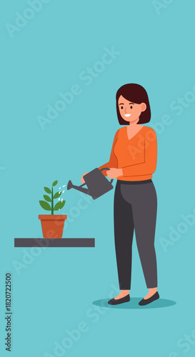 A woman with an orange shirt watering a small potted plant on a shelf.